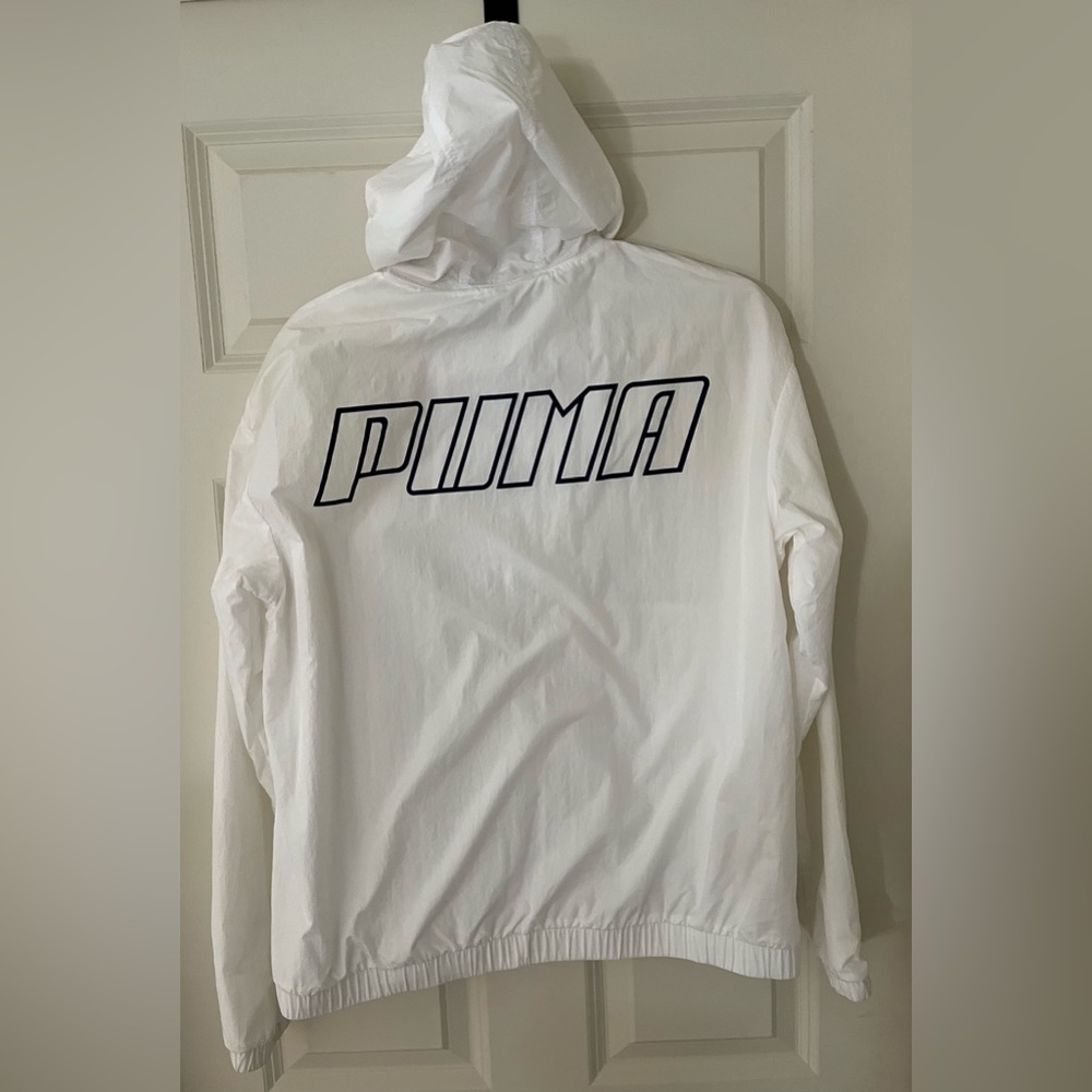 - PUMA Womens Wind Jacket White Mesh Lined Hooded Long Sleeve, size L